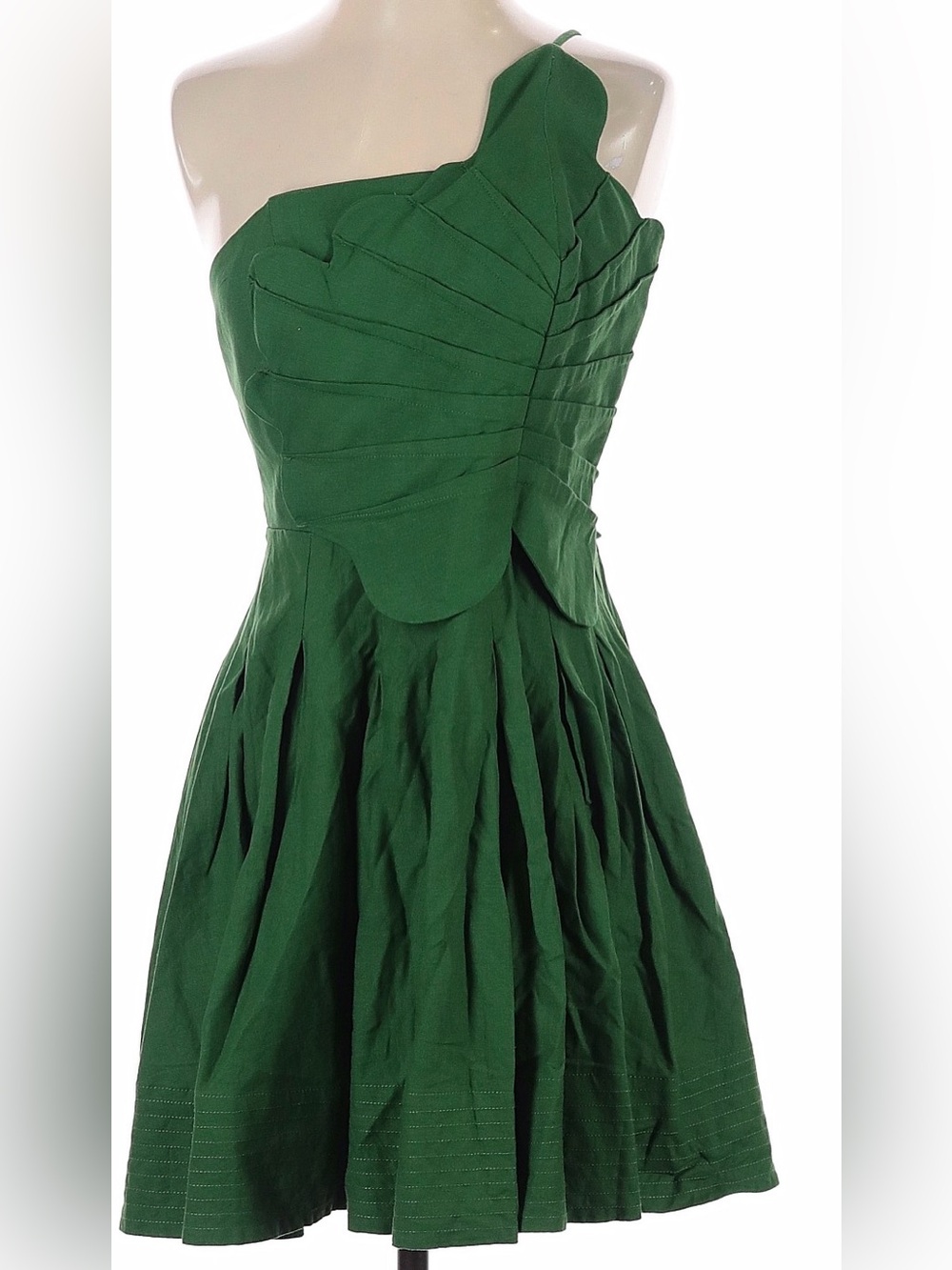 FARM Rio Green Lea One-Shoulder Pleated Linen-blend Mini Dress leaf bodice | S - Picture 7 of 10